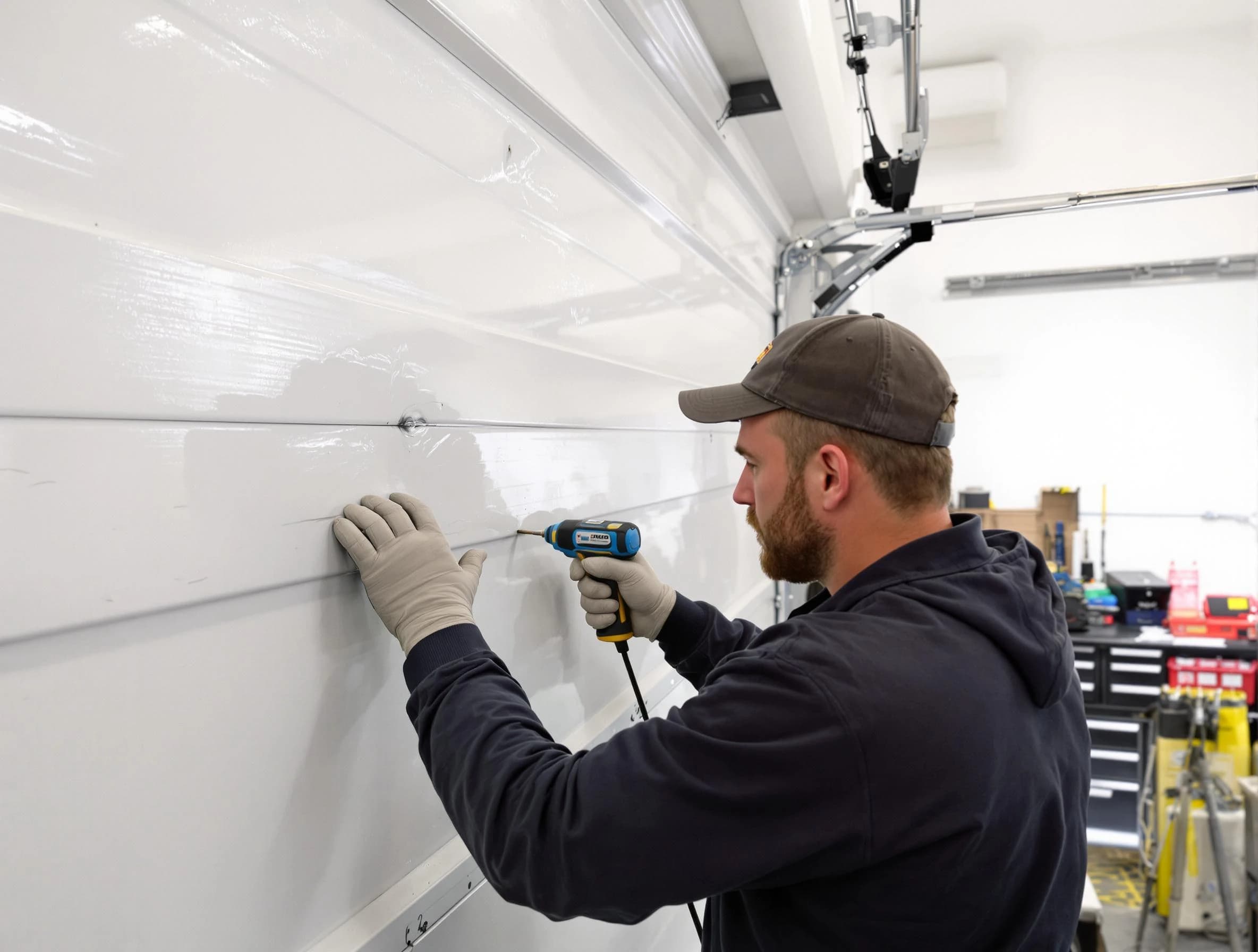Tuscaloosa Garage Door Repair technician demonstrating precision dent removal techniques on a Tuscaloosa garage door